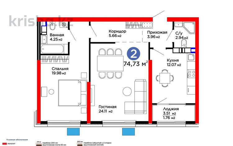 2-комнатная квартира · 75 м², Лебедева 1/1 за 78 млн ₸ в Алматы, Бостандыкский р-н — фото 2