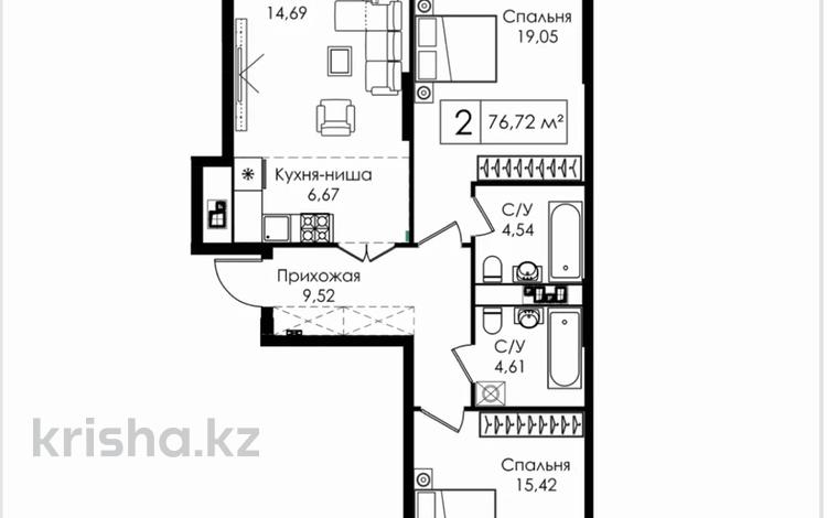 3-бөлмелі пәтер · 77 м² · 6/17 қабат, Толе би 20 — Толе Би, бағасы: 48 млн ₸ в Астане, Нура р-н — фото 3