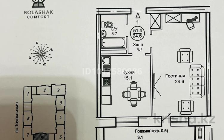 1-бөлмелі пәтер · 51.4 м² · 9/13 қабат, Тауелсиздик 34/8 — проспект тауелсиздик и ул.Б.Момышулы, бағасы: 23.6 млн ₸ в Астане, Алматы р-н — фото 2