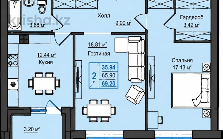 2-бөлмелі пәтер · 67 м² · 6/10 қабат, Микрорайон Береке 77, бағасы: 28 млн ₸ в Костанае — фото 2