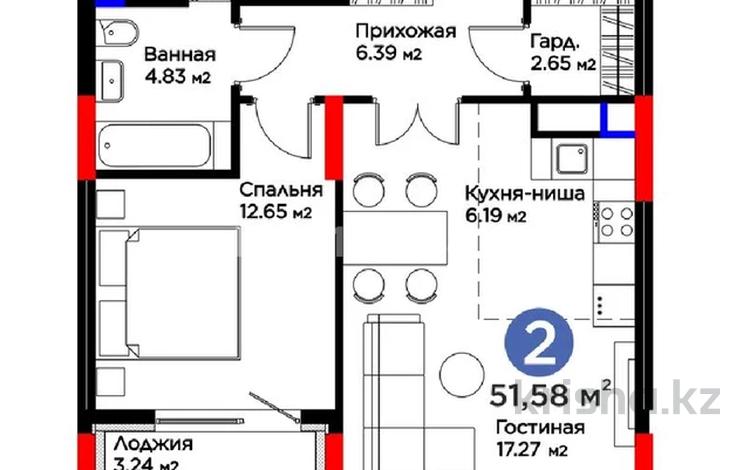2-бөлмелі пәтер · 52 м² · 5/17 қабат, Хусеин БенТалал 37, бағасы: 50 млн ₸ в Астане — фото 3