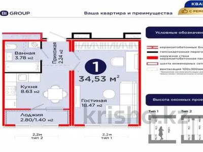 1-бөлмелі пәтер · 34.53 м² · 6/12 қабат, Улы Дала — Ш.Айтматова, бағасы: 22.8 млн ₸ в Астане, Нура р-н