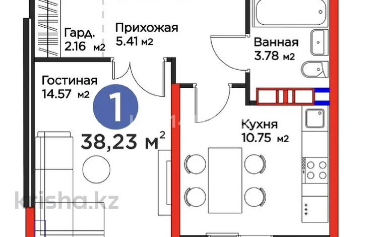 1-бөлмелі пәтер · 38.23 м² · 8/16 қабат, Северо-Запад ш/а — Казиева, бағасы: 22 млн ₸ в Шымкенте, Абайский р-н — фото 2