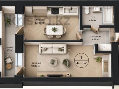 2-бөлмелі пәтер · 44.18 м² · 8/10 қабат, Кошкарбаева 60В — Жанибекова, бағасы: 18.3 млн ₸ в Астане, Алматы р-н