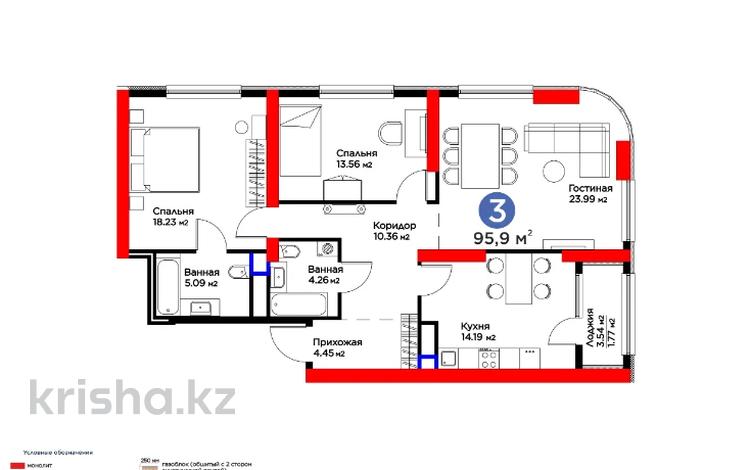 3-комнатная квартира, 95.9 м², 3/25 этаж, Проспект Кунаева 32а — Толеметова за ~ 82.7 млн 〒 в Шымкенте, Аль-Фарабийский р-н — фото 8