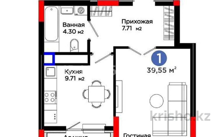 1-бөлмелі пәтер · 39.55 м² · 4/8 қабат, Турар Рыскулов 18/1, бағасы: 32 млн ₸ в Астане, Есильский р-н — фото 2