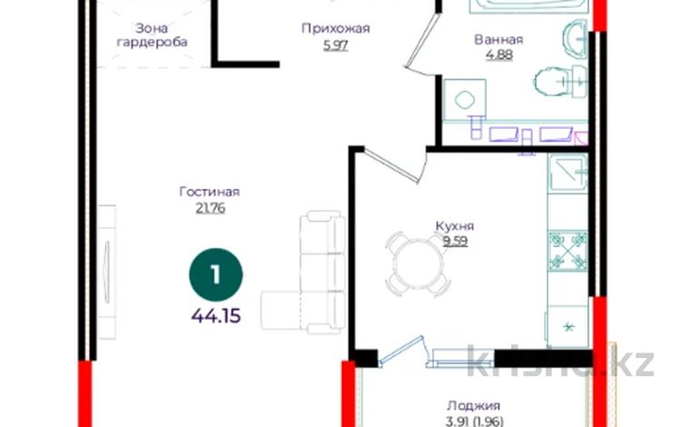 1-бөлмелі пәтер · 44.15 м² · 6/9 қабат, Е 882 13, бағасы: ~ 24.2 млн ₸ в Астане, Нура р-н — фото 2
