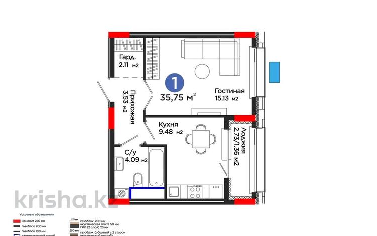 1-бөлмелі пәтер · 35.75 м² · 4/9 қабат, Шоссе Коргалжын 24/2 — КазУТБ, КазГЮУ, бағасы: 26.5 млн ₸ в Астане, Нура р-н — фото 2