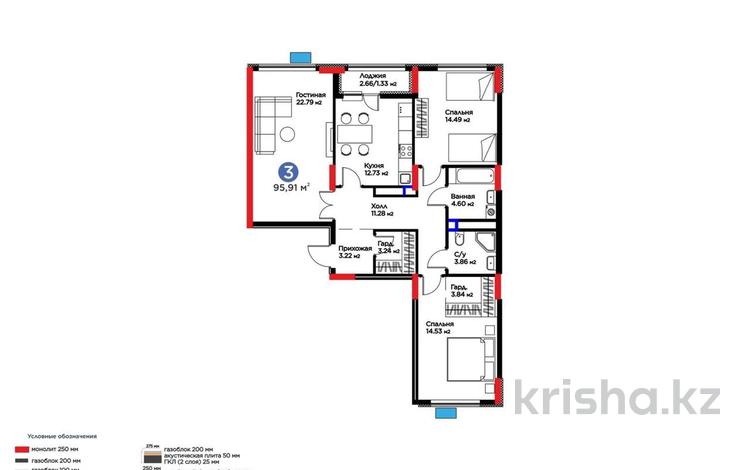 3-бөлмелі пәтер · 95.91 м² · 6/14 қабат, Сагадат Нурмагамбетов 14, бағасы: 61.5 млн ₸ в Астане, Сарайшык р-н — фото 8