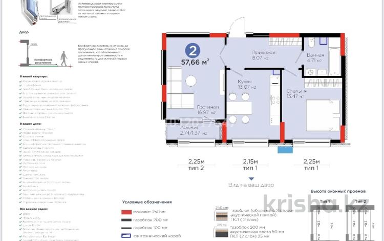 2-бөлмелі пәтер · 57.66 м² · 2/9 қабат, Турар Рыскулов 18/1 — Хусейн бен Талал, бағасы: 43.5 млн ₸ в Астане, Есильский р-н — фото 3