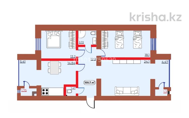 3-комнатная квартира · 101.4 м² · 6/7 этаж, Квартал 160 уч. 761 за ~ 47.2 млн ₸ в Туркестане — фото 2