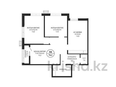 3-бөлмелі пәтер · 74.1 м² · 12/16 қабат, Пр. Мангилик ел, напротив республиканской мечети — БЕЗ КОМИССИИ, бағасы: ~ 43.9 млн ₸ в Астане, Есильский р-н