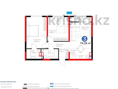 3-комнатная квартира, 74.25 м², 9/9 этаж, Вдоль улицы Рыскулова за ~ 39.4 млн 〒 в Шымкенте, Енбекшинский р-н