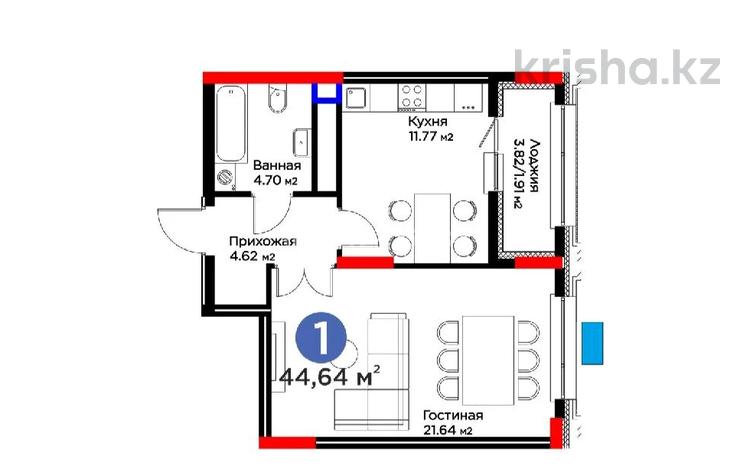 1-комнатная квартира · 44.64 м² · 7/14 этаж, Просп. Аль-Фараби 3 за 39.5 млн ₸ в Астане, Есильский р-н — фото 2