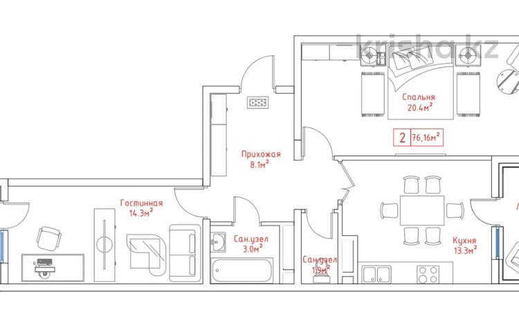 2-комнатная квартира, 76.16 м², 3/9 этаж, Ж. Аймауытов за ~ 29 млн 〒 в  — фото 2