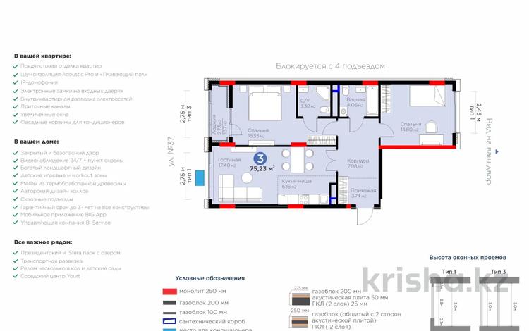 3-бөлмелі пәтер · 75.23 м² · 6/9 қабат, Жошы хан 10 — 4 кв на площадке 9 этажей!, бағасы: 58.5 млн ₸ в Астане, Есильский р-н — фото 2