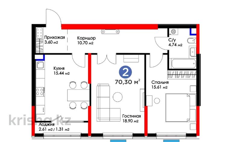 2-комнатная квартира · 70.3 м² · 2/16 этаж, Нурсултана Назарбаева 1 за 35 млн 〒 в Шымкенте — фото 2