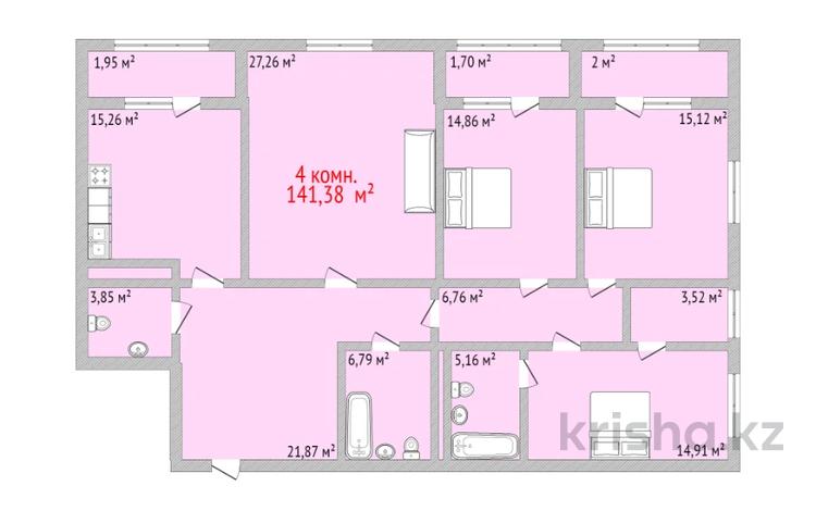 4-комнатная квартира, 141.38 м², 4/14 этаж, Набережная 44 за ~ 68.6 млн 〒 в Костанае — фото 2