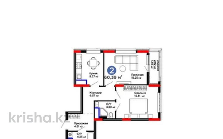 2-комнатная квартира · 60 м² · 11/12 этаж, Е-15 5 за 35.5 млн ₸ в Астане, Нура р-н — фото 2