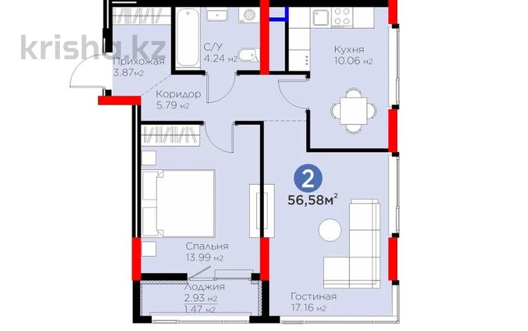 2-бөлмелі пәтер · 56.58 м² · 10/16 қабат, Туран 57д, бағасы: 40 млн ₸ в Астане, Нура р-н — фото 2