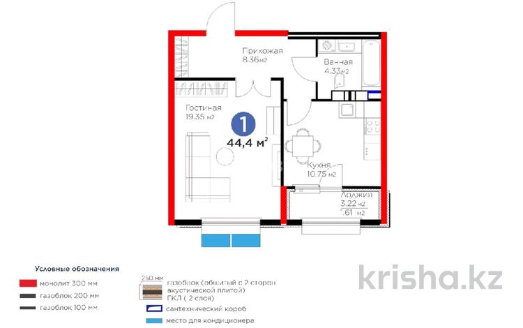 1-комнатная квартира · 44.4 м² · 10/12 этаж, Бауыржана Момышулы 1 — Монке би за 28 млн 〒 в Алматы, Алатауский р-н — фото 2