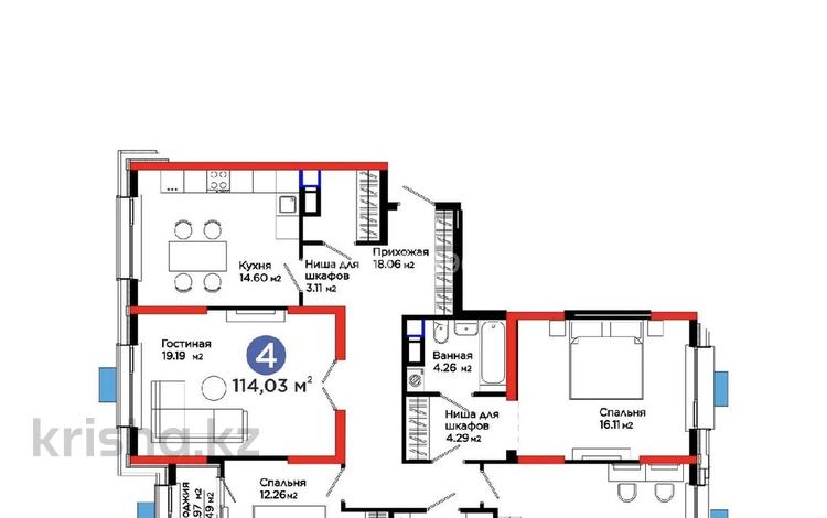 4-бөлмелі пәтер · 114.3 м² · 10/16 қабат, Калдаякова, бағасы: 60 млн ₸ в Шымкенте, Туран р-н — фото 2