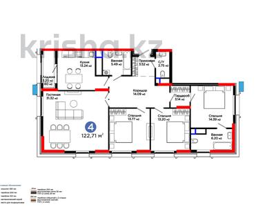 4-бөлмелі пәтер · 122.71 м² · 9/16 қабат, Турар Рыскулова — BI Group, бағасы: ~ 73.4 млн 〒 в Астане, Есильский р-н