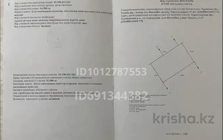 Жер телімі · 15 сотық, Төлеби ауд, алатау а/о, нысанбек ауылы, үшсала көшесі 37 — Төлеби ауданы, Алатау ауыл округі, Нысанбек ауылы, Үшсала 37, бағасы: 10 млн ₸ в Ленгере — фото 2