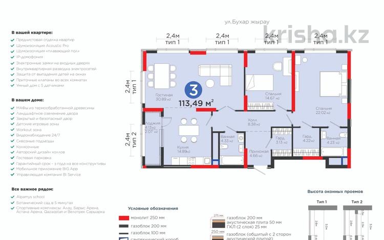 3-бөлмелі пәтер · 114 м² · 16/18 қабат, Бухар жырау 20, бағасы: 98 млн ₸ в Астане, Нура р-н — фото 2