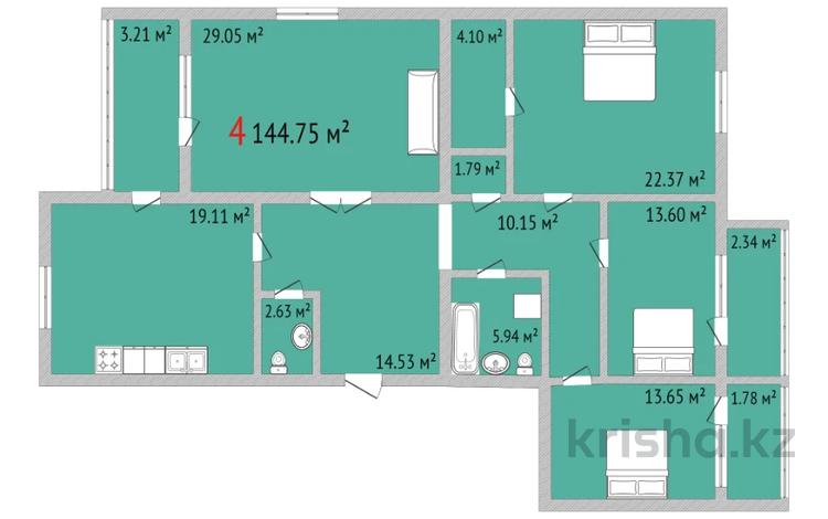 4-комнатная квартира, 144.75 м², 8/9 этаж, касымханова 134