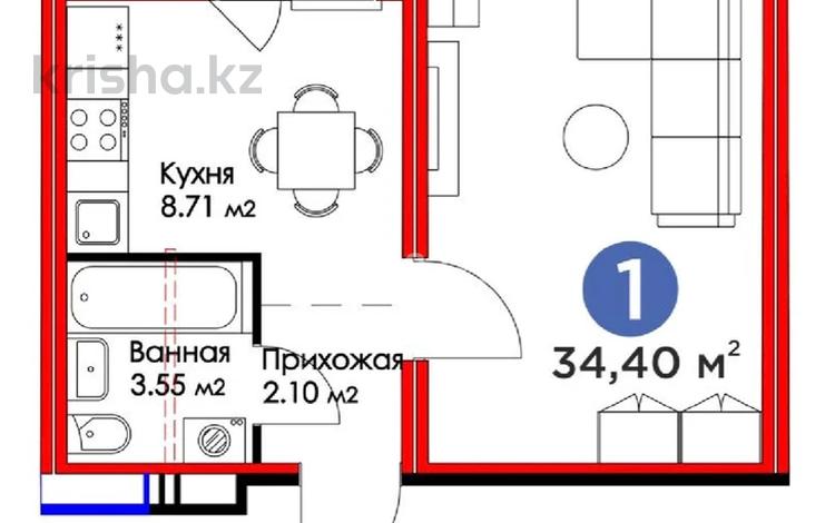 1-комнатная квартира · 34 м² · 6/17 этаж, Хусейн Бен Талал 39 за 25.9 млн ₸ в Астане, Есильский р-н — фото 2