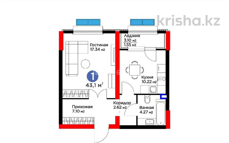 1-комнатная квартира · 43.1 м² · 1/12 этаж, Бауыржана Момышулы 5 — Монке би за 30.8 млн ₸ в Алматы, Алатауский р-н — фото 2