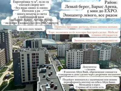 3-комнатная квартира · 75 м² · 19/19 этаж, Туран 57А — Район Барыс Арена за 62.5 млн ₸ в Астане, Нура р-н