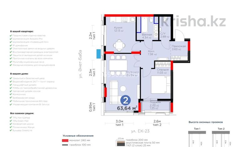 2-комнатная квартира · 64 м² · 11/14 этаж, Анет баба 8 за 35 млн 〒 в Астане, Нура р-н — фото 2