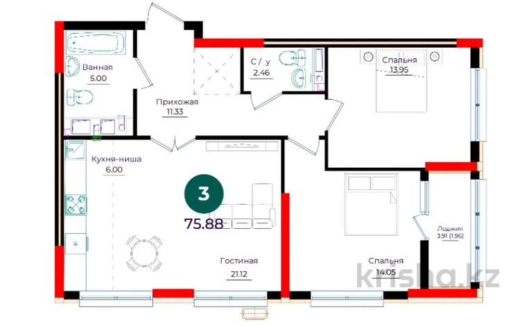 3-комнатная квартира · 75.88 м² · 4/17 этаж, Е 882 13 — Набережная за 33.5 млн ₸ в Астане, Нура р-н — фото 2