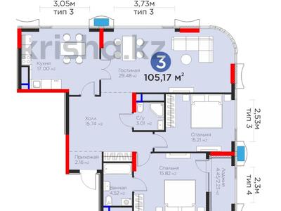 3-комнатная квартира · 105.17 м² · 15/20 этаж, Е 900 5/3 за 110 млн ₸ в Астане, Нура р-н