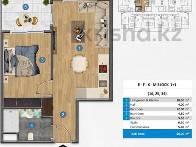 2-комнатная квартира · 56 м² · 3/5 этаж, Аланья 1 за 111 млн 〒