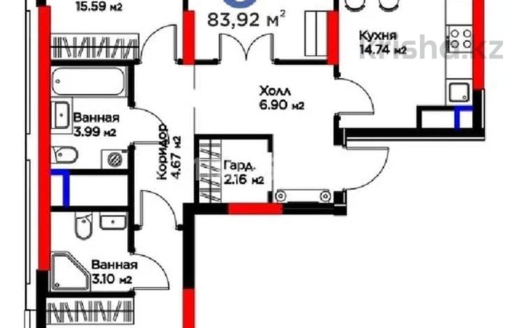 3-комнатная квартира · 83.3 м² · 13/22 этаж, Туран 57 А за 60 млн ₸ в Астане, Нура р-н — фото 59