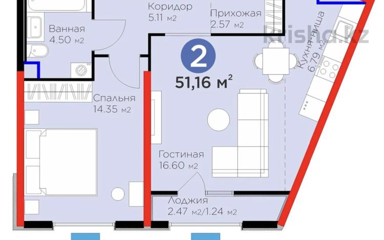 2-комнатная квартира, 51.16 м², 2/12 этаж, Байдибек би 115/10 за ~ 24.7 млн 〒 в Шымкенте, Аль-Фарабийский р-н — фото 2