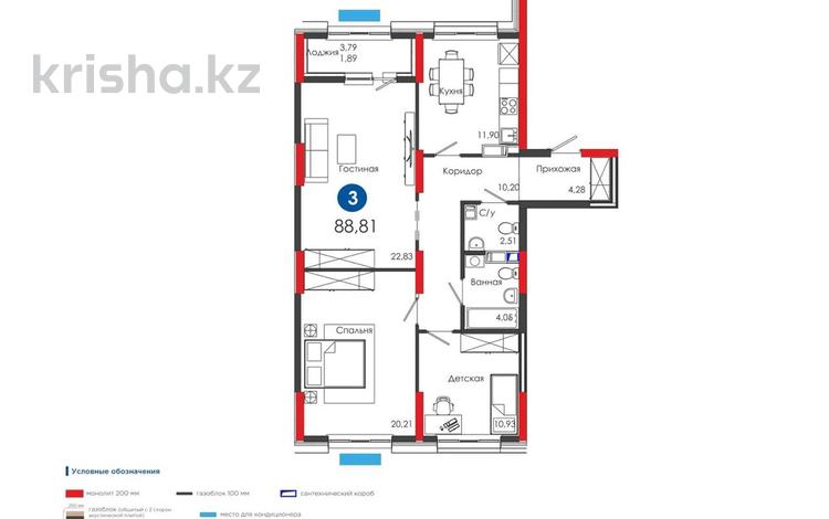 3-бөлмелі пәтер · 88.8 м² · 7/17 қабат, Туран, бағасы: ~ 65.4 млн ₸ в Астане, Нура р-н — фото 2