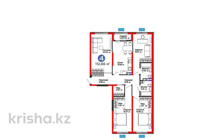 4-бөлмелі пәтер · 112.6 м² · 4/6 қабат, Бауыржана Момышулы 11/14а, бағасы: ~ 67.6 млн ₸ в Алматы, Алатауский р-н — фото 2