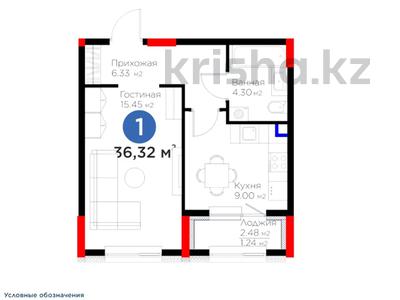 1-комнатная квартира, 36.32 м², Туран 57 — Бухар Жырау за ~ 14.8 млн 〒 в Астане, Есильский р-н