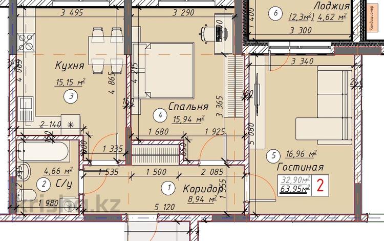 2-комнатная квартира · 65 м² · 5/16 этаж, Ш. Айтматова 57 за ~ 32 млн ₸ в Астане, Нура р-н — фото 2