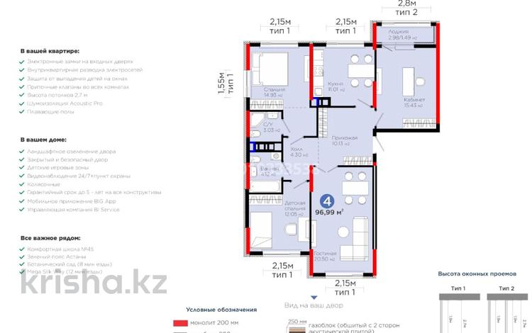 4-комнатная квартира · 97 м² · 7/9 этаж, Е 908 23 за 55 млн 〒 в Астане, Нура р-н — фото 3