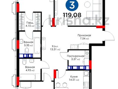 3-бөлмелі пәтер · 120 м² · 3/9 қабат, Динмухамед Конаев 3, бағасы: 115 млн ₸ в Астане, Есильский р-н
