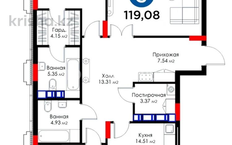 3-бөлмелі пәтер · 120 м² · 3/9 қабат, Динмухамед Конаев 3, бағасы: 115 млн ₸ в Астане, Есильский р-н — фото 2