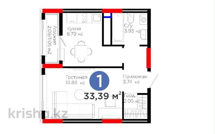 1-комнатная квартира · 33.39 м² · 13/17 этаж, Е 908 23 за 21.5 млн ₸ в Астане, Нура р-н — фото 2