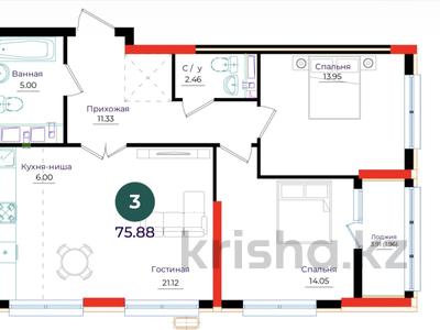 3-комнатная квартира · 76 м² · 5/17 этаж, Е 882 13 за 36.6 млн ₸ в Астане, Нура р-н