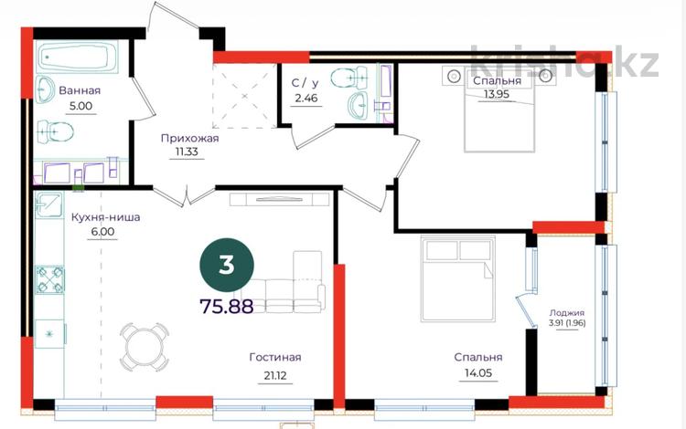 3-бөлмелі пәтер · 76 м² · 5/17 қабат, Е 882 13, бағасы: 36.6 млн ₸ в Астане, Нура р-н — фото 2