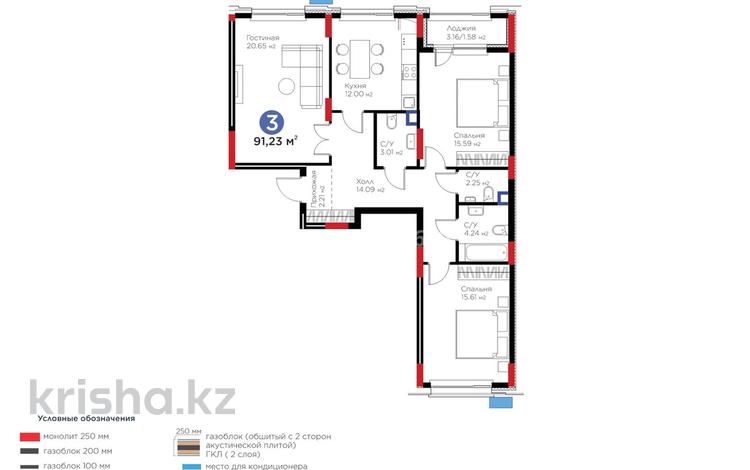3-бөлмелі пәтер · 91.23 м² · 2/8 қабат, Сагадат Нурмагамбетов 17, бағасы: 56 млн ₸ в Астане, Сарайшык р-н — фото 2